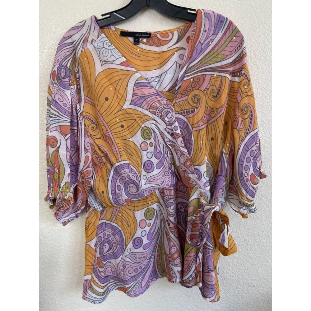 Harve Bernard 60's Psychedelic Blouse Short Sleeve Plus 2X Tie Waist Faux Wrap